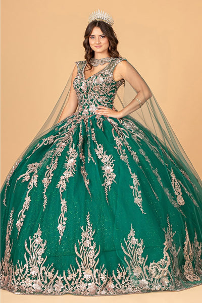 Embroidered Cape Ball Gown by Elizabeth K GL3076 - XS / Green - Quinceanera Dresses