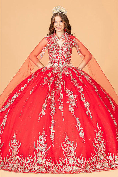 Embroidered Cape Ball Gown by Elizabeth K GL3076 - XS / Red - Quinceanera Dresses