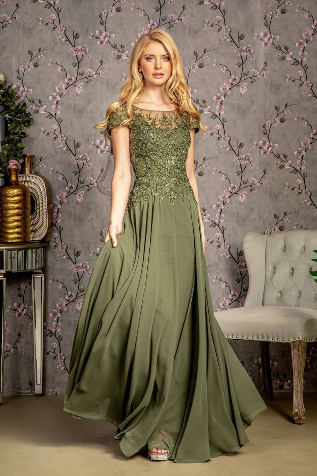 Embroidered Chiffon Short Sleeve Gown by GLS Gloria GL3491 - S / Olive - Long Formal Dresses
