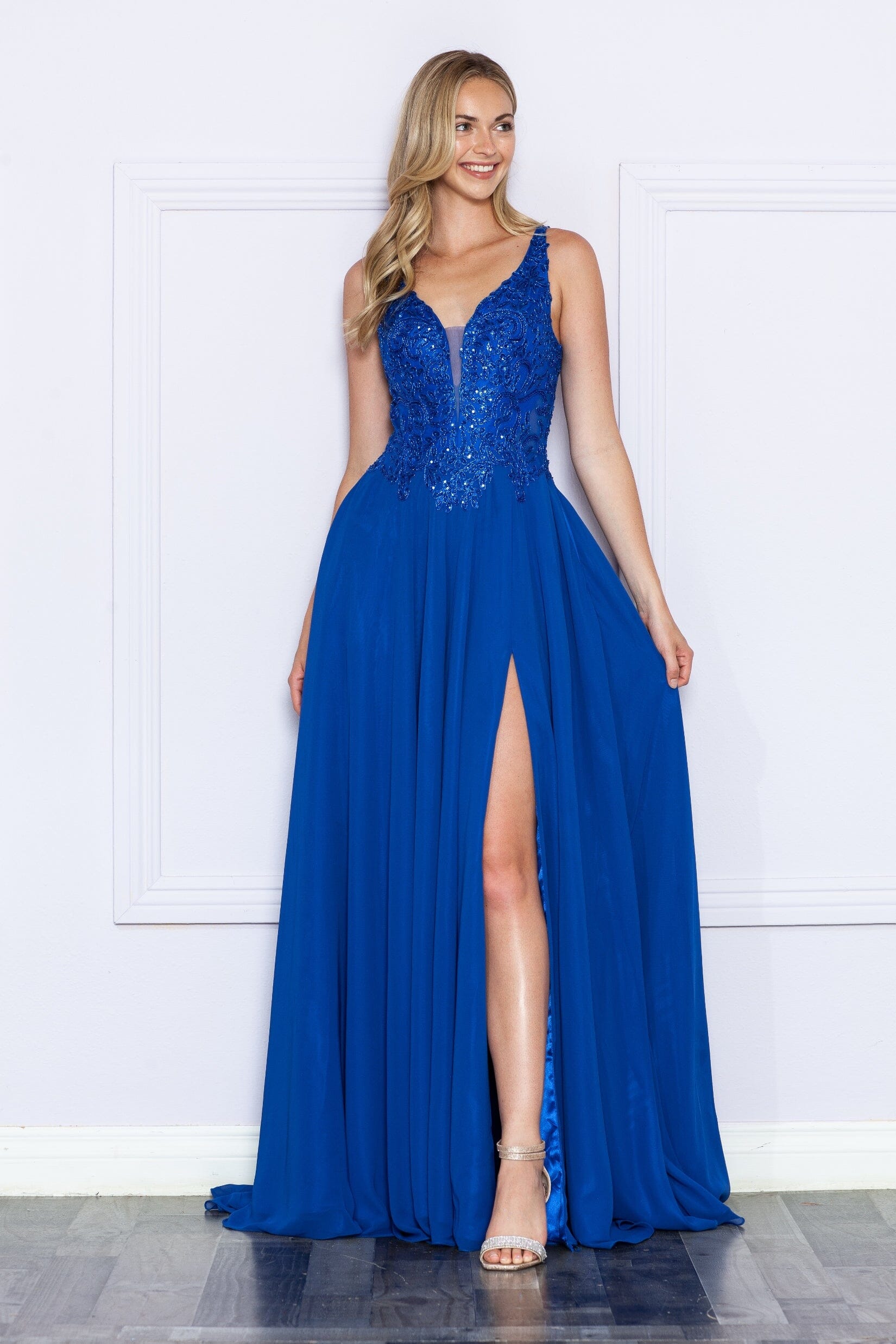 Poly USA 9366 Embroidered Chiffon Sleeveless Slit Gown