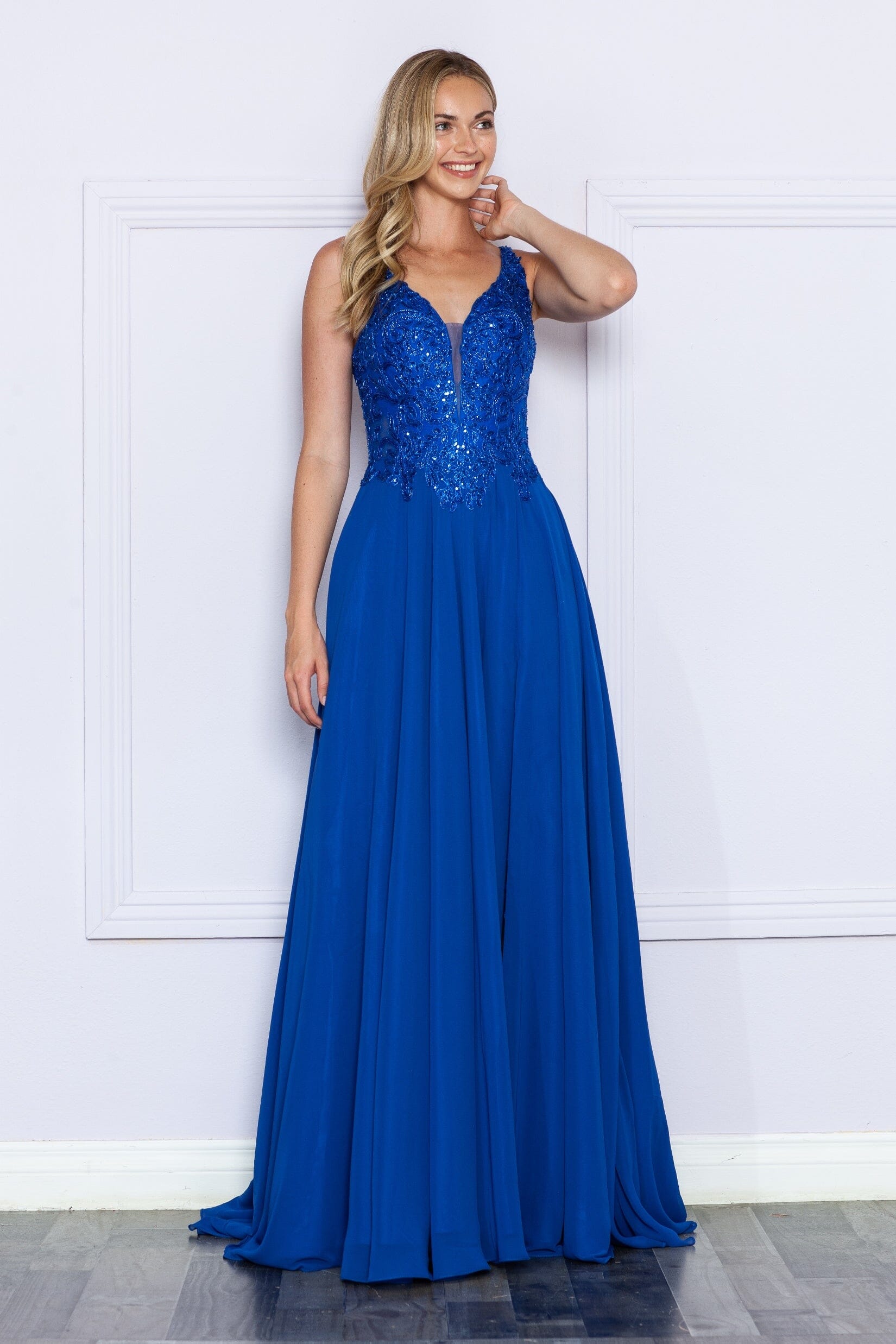Poly USA 9366 Embroidered Chiffon Sleeveless Slit Gown