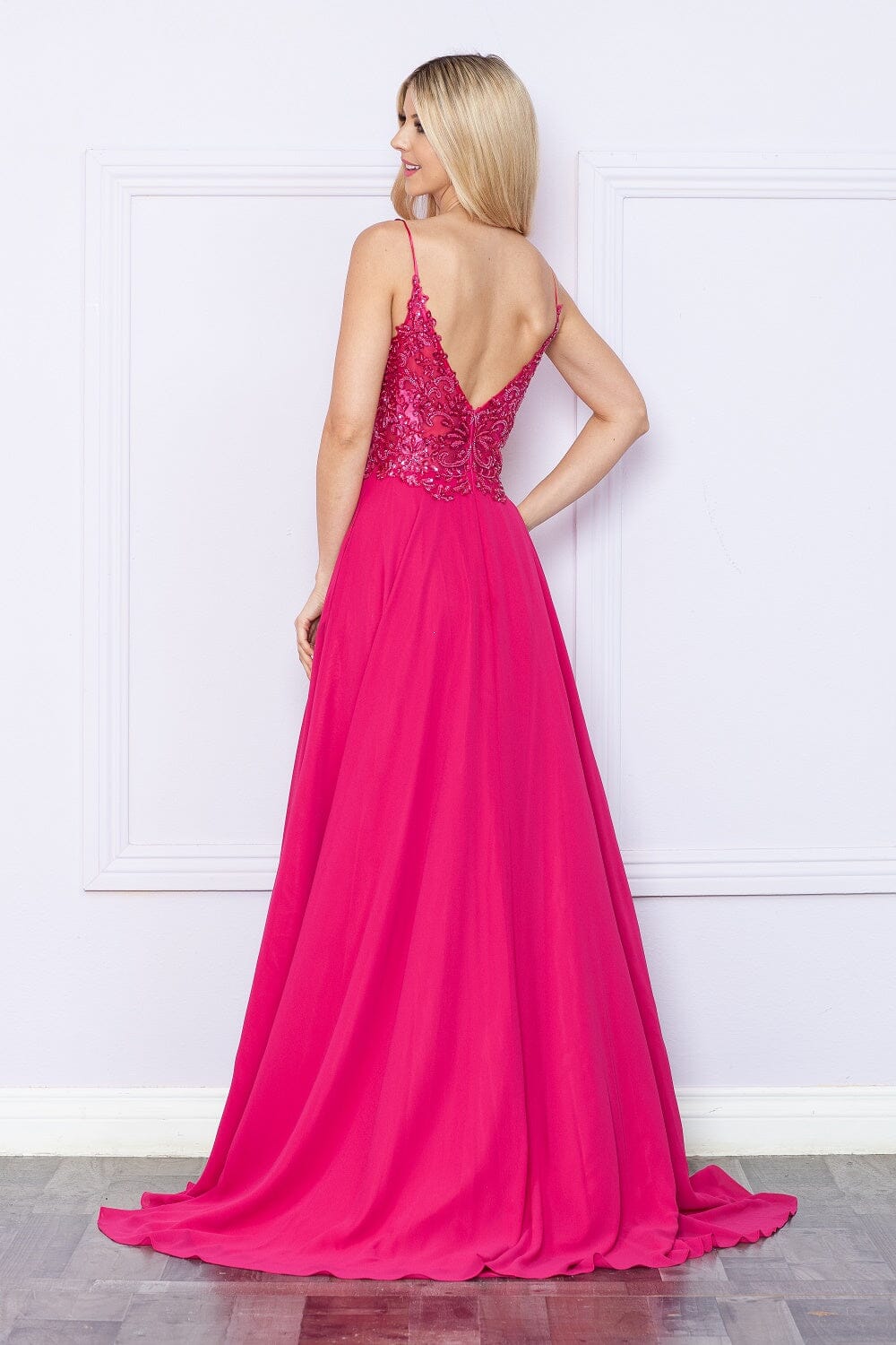 Poly USA 9366 Embroidered Chiffon Sleeveless Slit Gown