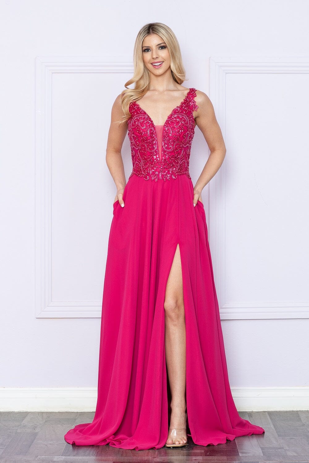 Poly USA 9366 Embroidered Chiffon Sleeveless Slit Gown