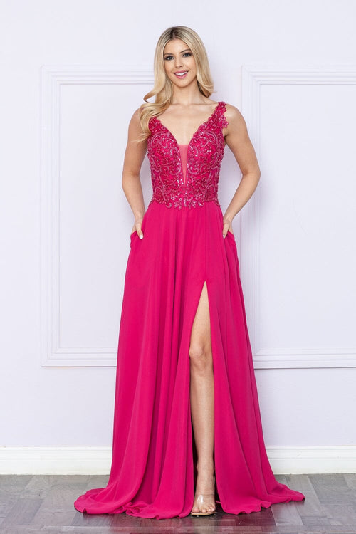 Poly USA 9366 Embroidered Chiffon Sleeveless Slit Gown