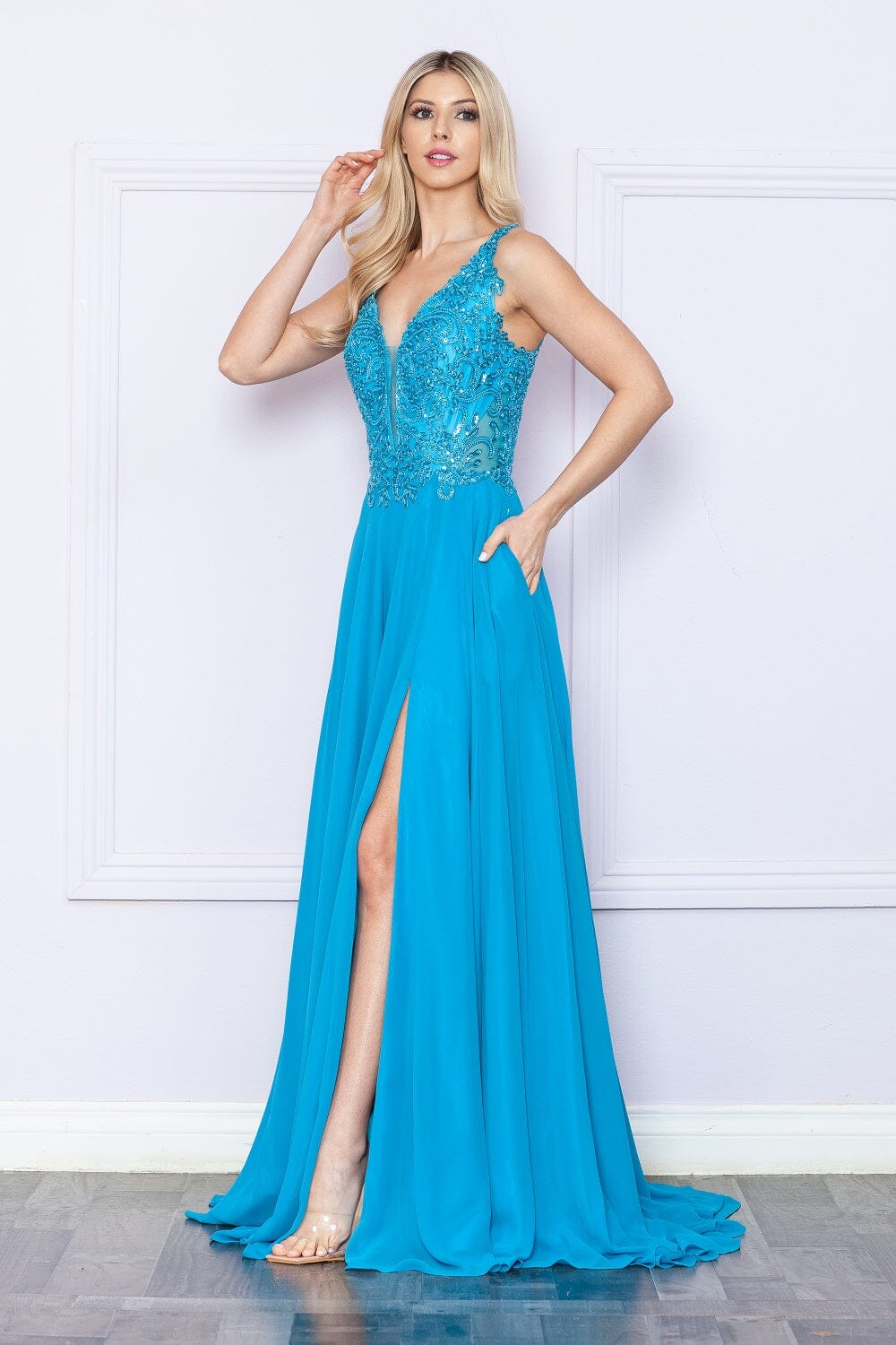 Poly USA 9366 Embroidered Chiffon Sleeveless Slit Gown