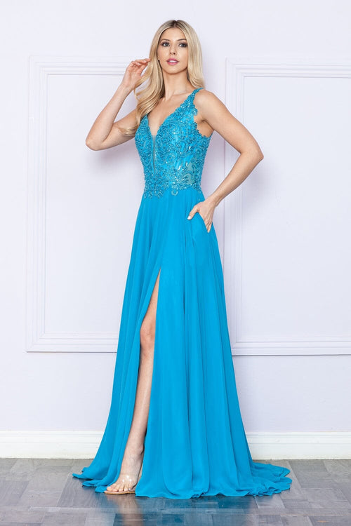 Poly USA 9366 Embroidered Chiffon Sleeveless Slit Gown