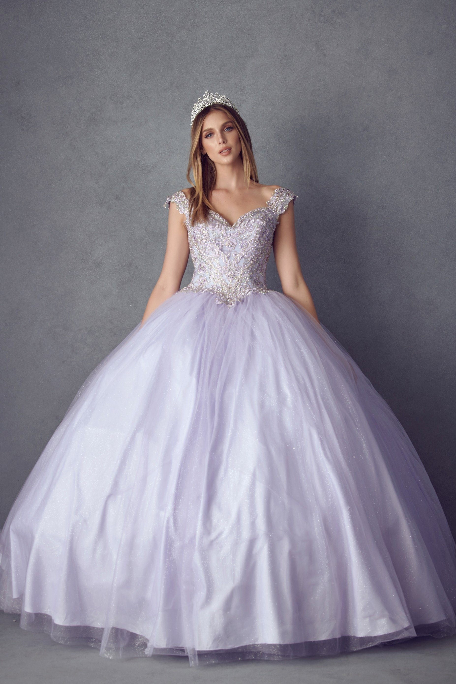 Juliet 1430 Cold Shoulder Embroidered Tulle Quinceanera Dress with Corset Back