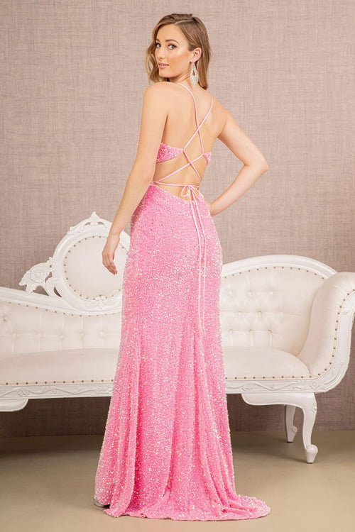 Embroidered Fitted Sequin Slit Gown by Elizabeth K GL3142 - Long Formal Dresses