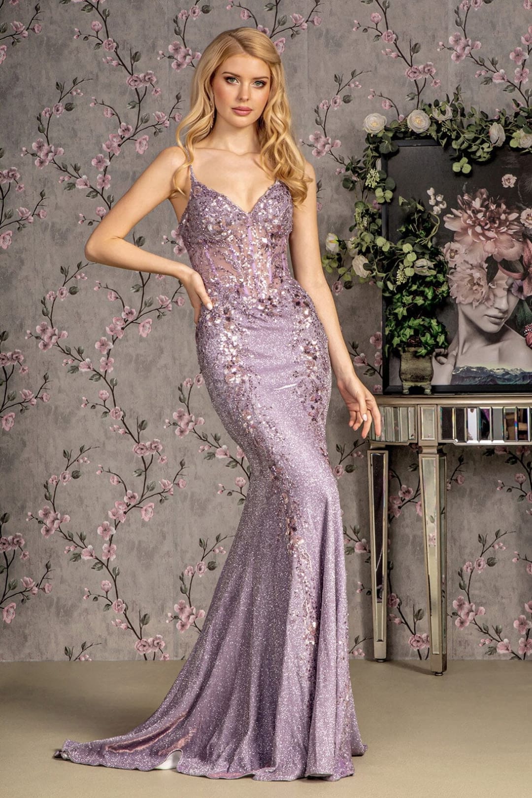 Embroidered Glitter Corset Mermaid Dress by GLS Gloria GL3399 - XS / Lilac - Long Formal Dresses