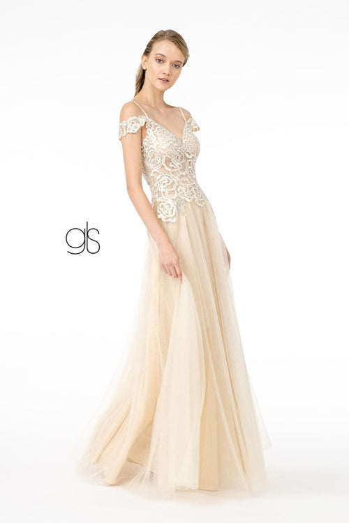 Embroidered Long Sheer Cold Shoulder Dress by Elizabeth K GL2953 - XS / Champagne - Long Formal Dresses