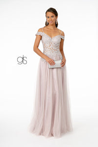 Embroidered Long Sheer Cold Shoulder Dress by Elizabeth K GL2953 - XS / Mauve - Long Formal Dresses