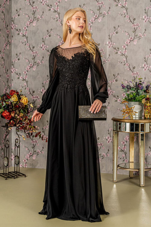 Embroidered Long Sleeve A-line Gown by GLS Gloria GL3363 - S / Black - Long Formal Dresses