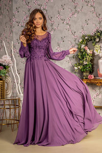 Embroidered Long Sleeve A-line Gown by GLS Gloria GL3363 - S / Purple - Long Formal Dresses