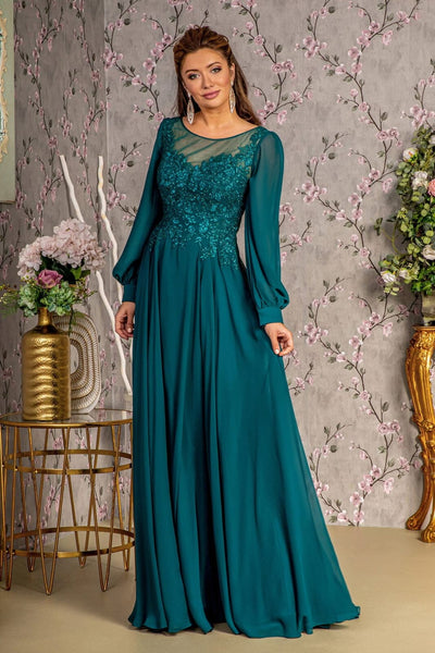 Embroidered Long Sleeve A-line Gown by GLS Gloria GL3363 - S / Teal - Long Formal Dresses