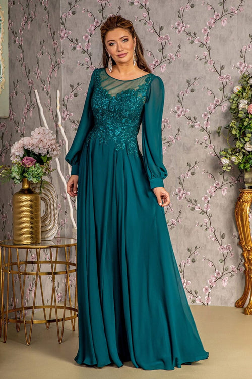 Embroidered Long Sleeve A-line Gown by GLS Gloria GL3363 - S / Teal - Long Formal Dresses
