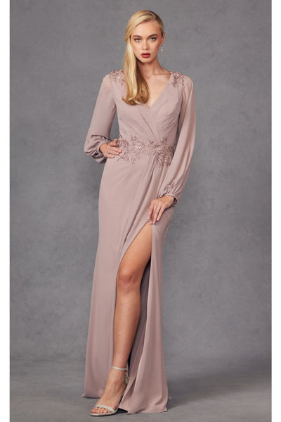 Embroidered Long Sleeve A-line Slit Gown by Juliet JTM16A - Dress
