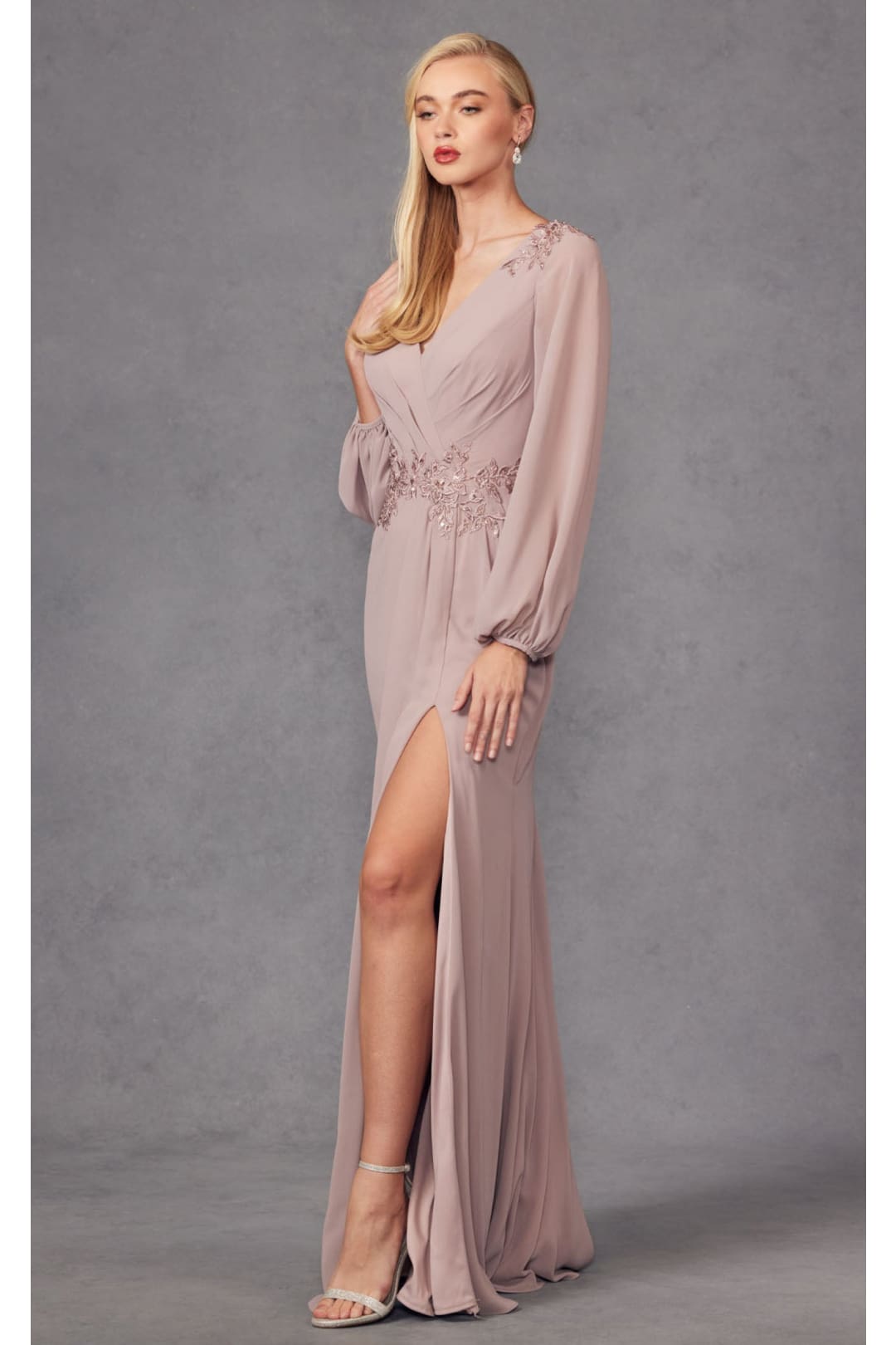 Embroidered Long Sleeve A-line Slit Gown by Juliet JTM16A - Dress