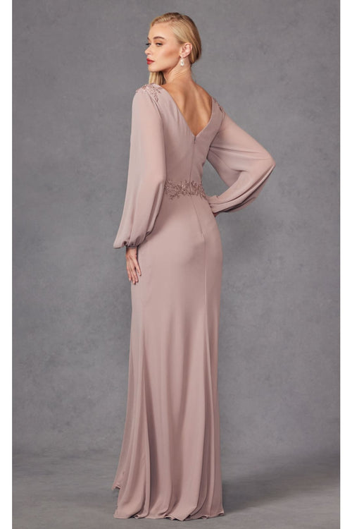 Embroidered Long Sleeve A-line Slit Gown by Juliet JTM16A - Dress