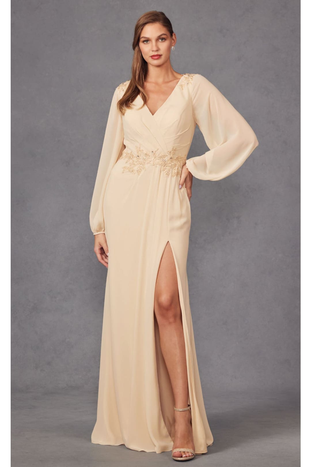 Embroidered Long Sleeve A-line Slit Gown by Juliet JTM16A Champagne / 4XL Embroidered Long Sleeve A-line Slit Gown by Juliet JTM16A Champagne / 4XL