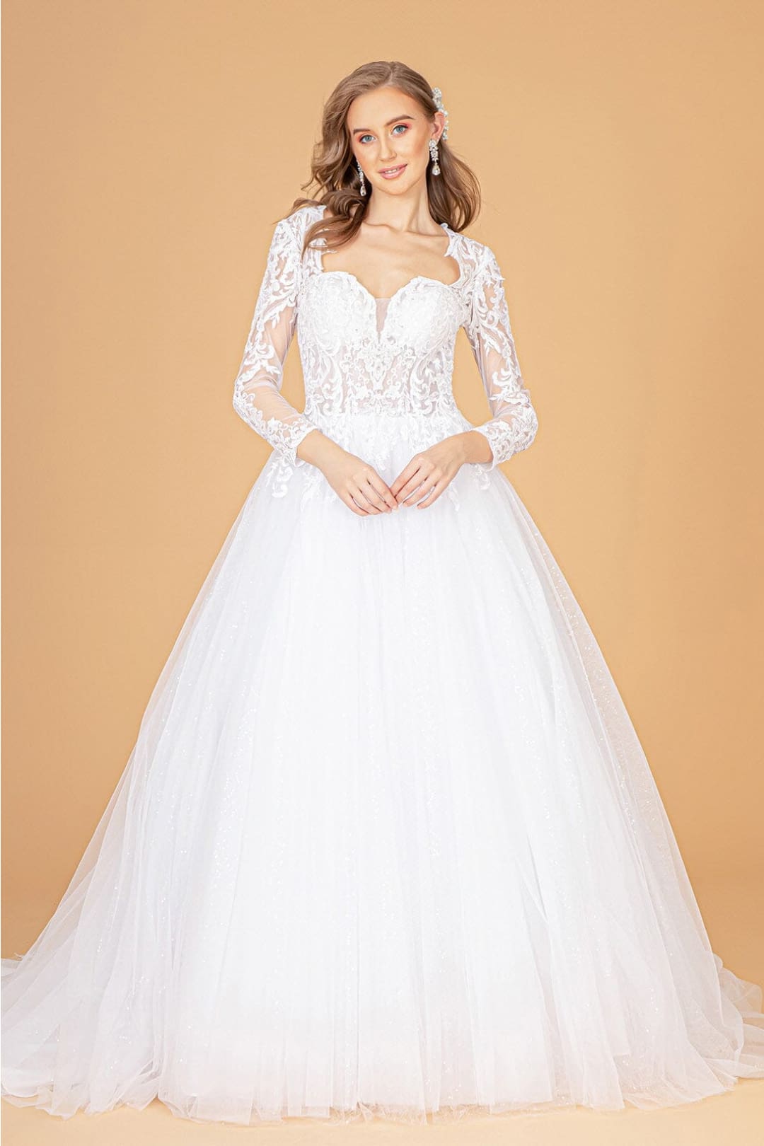Embroidered Long Sleeve Wedding Dress by Elizabeth K GL1804 - XS / White - Wedding Dresses