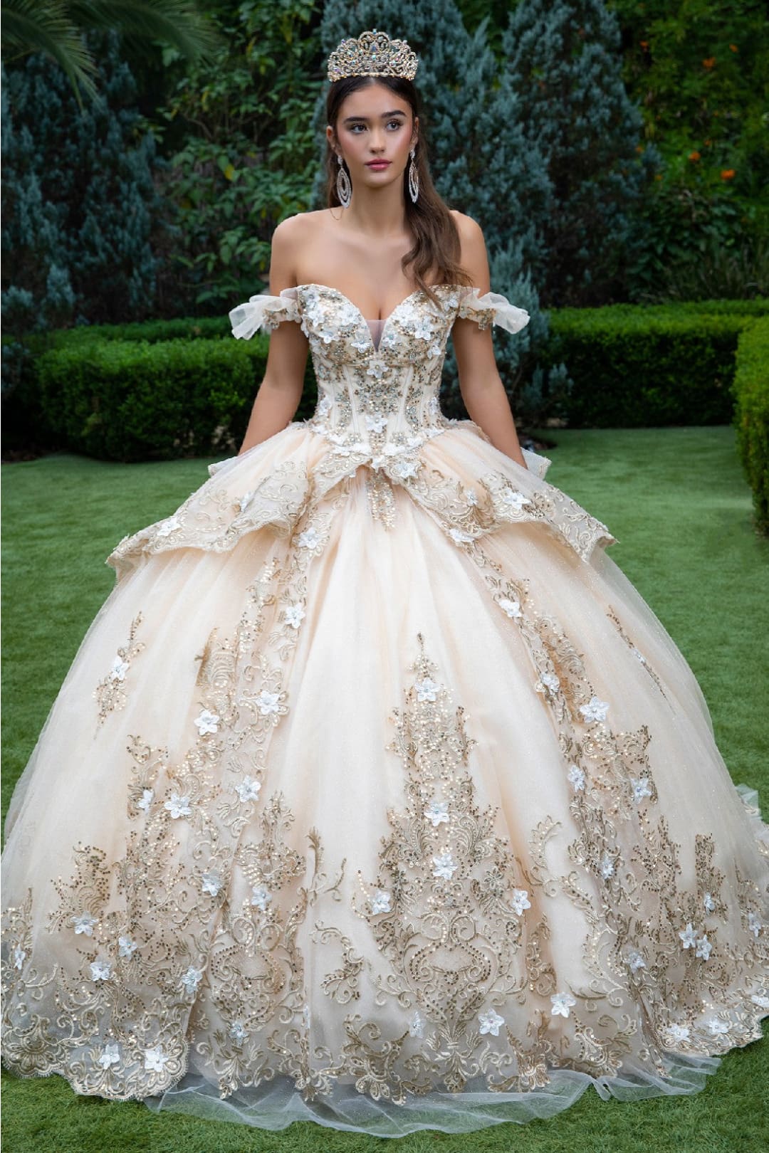 Embroidered Off Shoulder Ball Gown by GLS Gloria GL3528 - XS / Champagne - Quinceanera Dresses