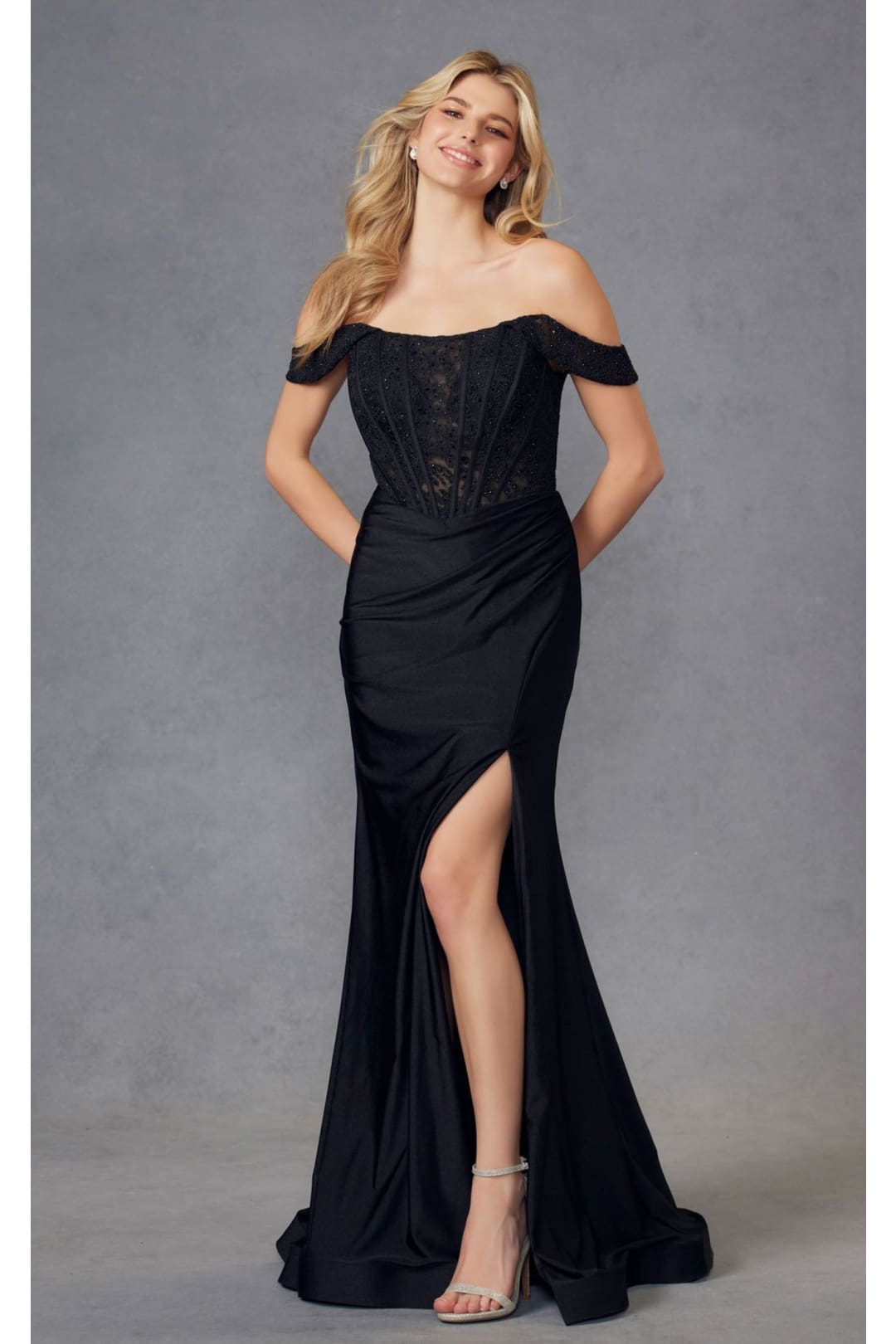 Embroidered Off-Shoulder Corset Gown by Juliet 2407 - Dress