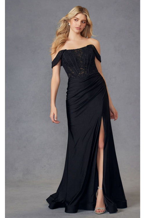 Embroidered Off-Shoulder Corset Gown by Juliet 2407 - Dress