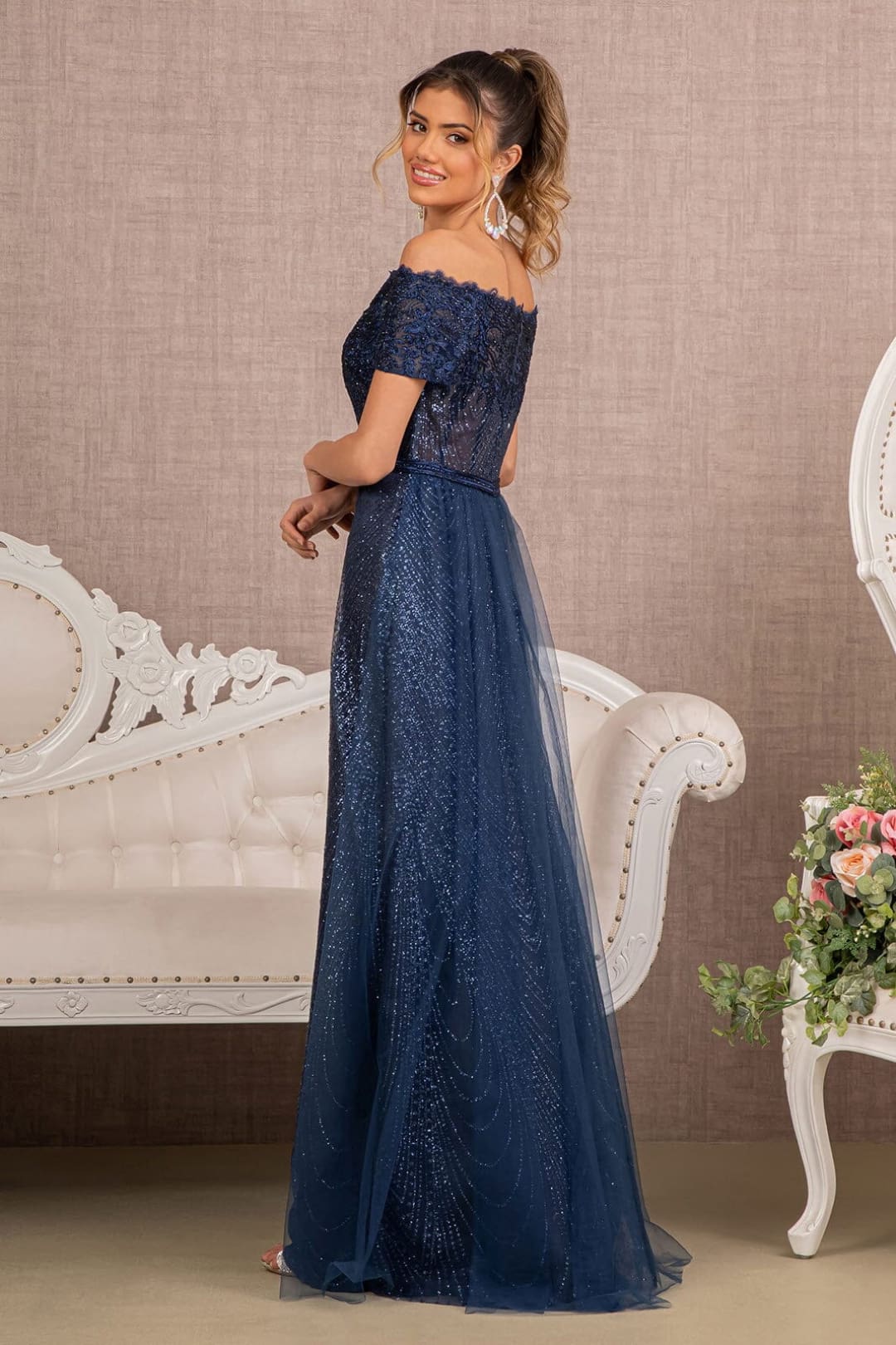 Embroidered Off Shoulder Glitter Gown by Elizabeth K GL2942 - Long Formal Dresses