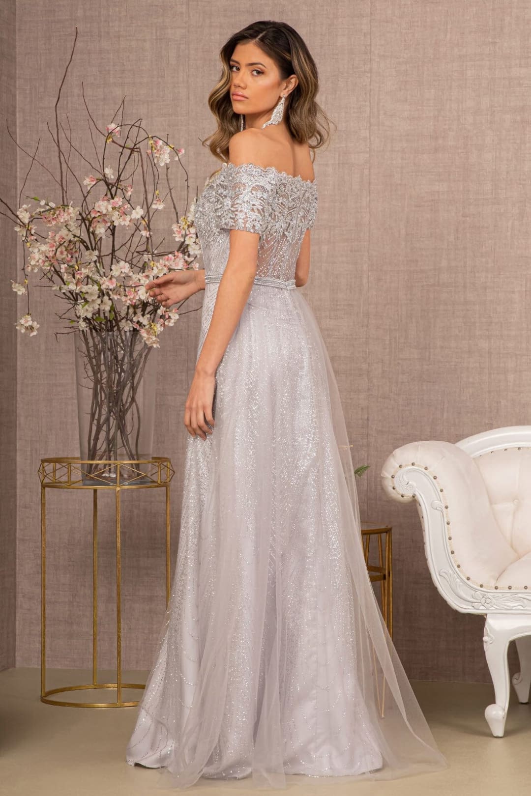 Embroidered Off Shoulder Glitter Gown by Elizabeth K GL2942 - Long Formal Dresses