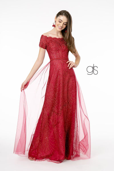 Embroidered Off Shoulder Glitter Gown by Elizabeth K GL2942 - XS / Burgundy - Long Formal Dresses