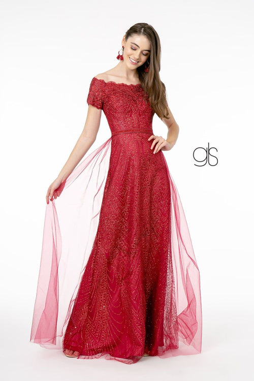 Embroidered Off Shoulder Glitter Gown by Elizabeth K GL2942 - XS / Burgundy - Long Formal Dresses