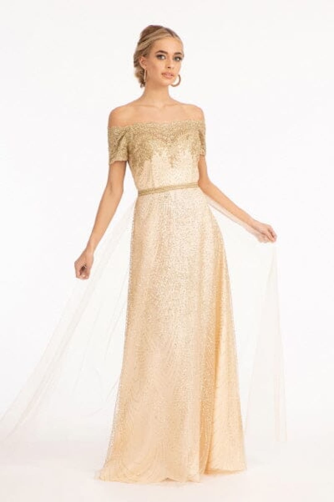 Embroidered Off Shoulder Glitter Gown by Elizabeth K GL2942 - XS / Champagne - Long Formal Dresses