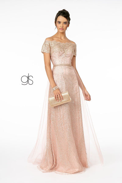 Embroidered Off Shoulder Glitter Gown by Elizabeth K GL2942 - XS / Rose Gold - Long Formal Dresses