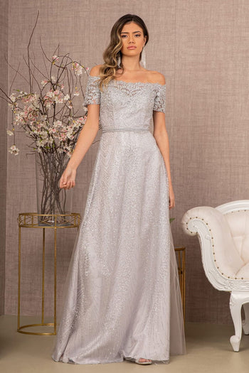 Embroidered Off Shoulder Glitter Gown by Elizabeth K GL2942 - XS / Silver - Long Formal Dresses