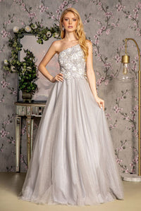 Embroidered One Shoulder A-line Gown by GLS Gloria GL3384 - XS / Silver - Long Formal Dresses