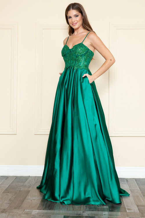 Poly USA 9126 Embroidered Satin Gown