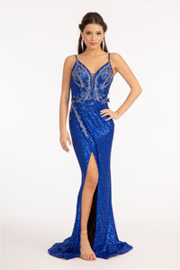 Embroidered Sequin Slit Gown by Elizabeth K GL3053 - XS / Royal Blue - Long Formal Dresses