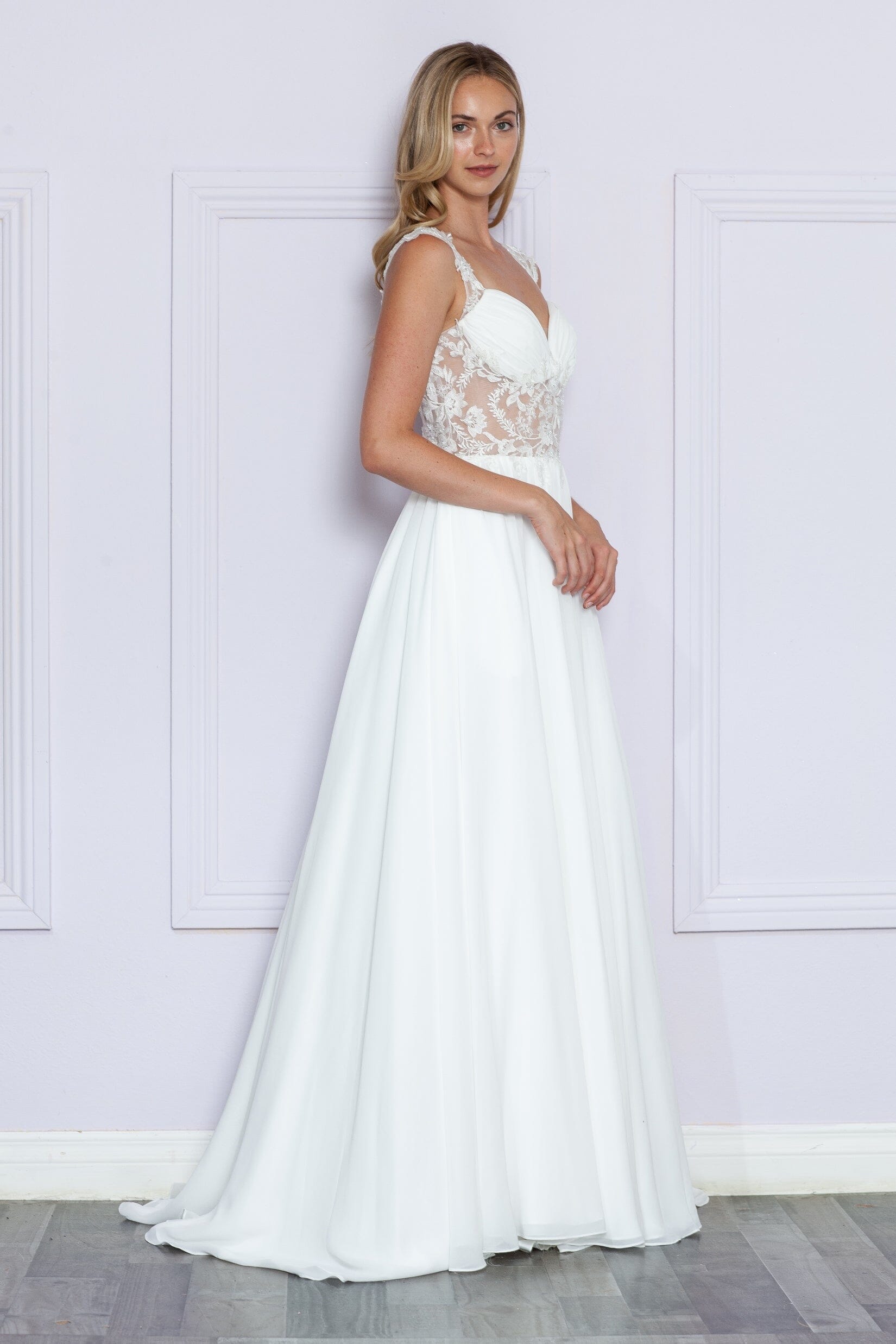Poly USA 9376 Embroidered Sheer Sleeveless Slit Gown