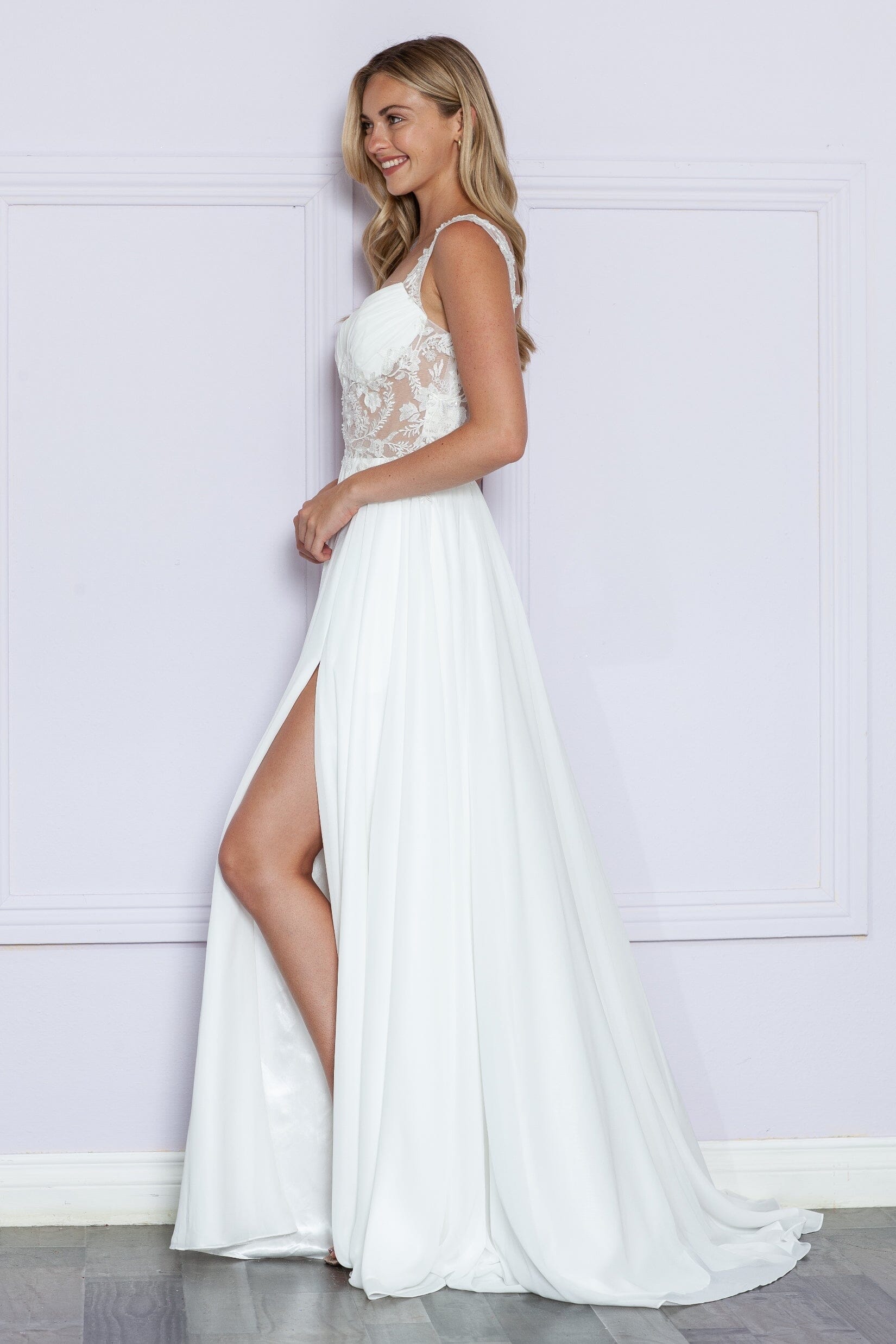 Poly USA 9376 Embroidered Sheer Sleeveless Slit Gown