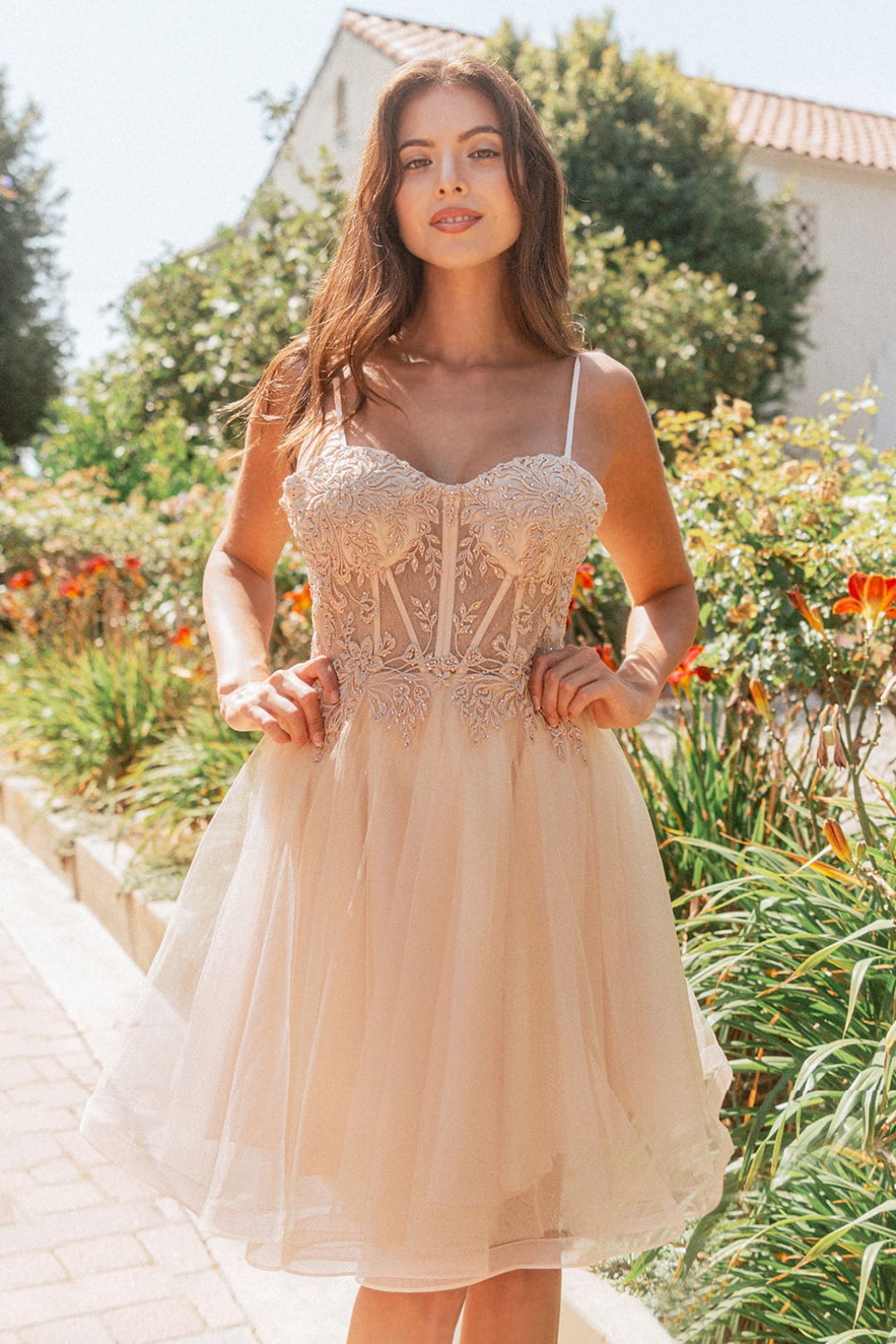 Embroidered Short A-line Dress by Elizabeth K GS3515 - XS / Champagne - Short Cocktail Dresses