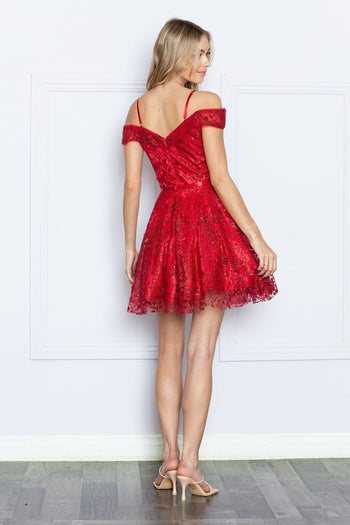 Vestido corto bordado con hombros descubiertos de Poly USA 9198
