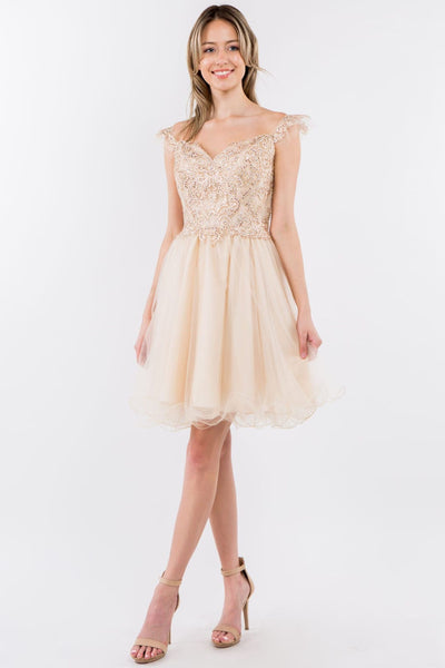 Embroidered Short Ruffled Dress by Elizabeth K GS1966 - XS / Champagne - Short Cocktail Dresses