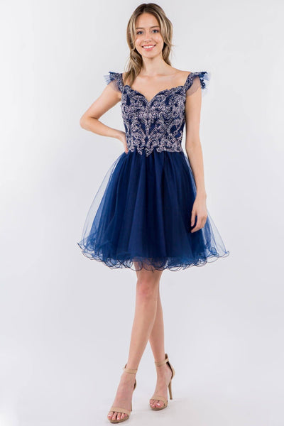 Embroidered Short Ruffled Dress by Elizabeth K GS1966 - XS / Navy - Short Cocktail Dresses