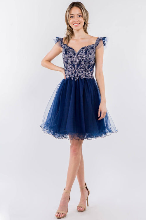 Embroidered Short Ruffled Dress by Elizabeth K GS1966 - XS / Navy - Short Cocktail Dresses