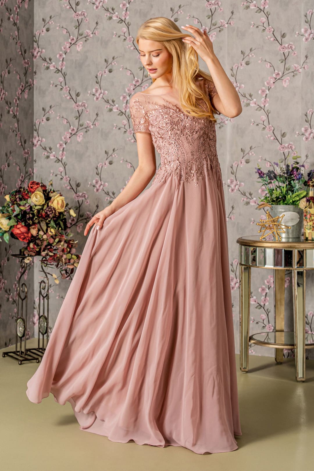 Embroidered Short Sleeve A-line Gown by GLS Gloria GL3362 - S / Dusty Rose - Long Formal Dresses
