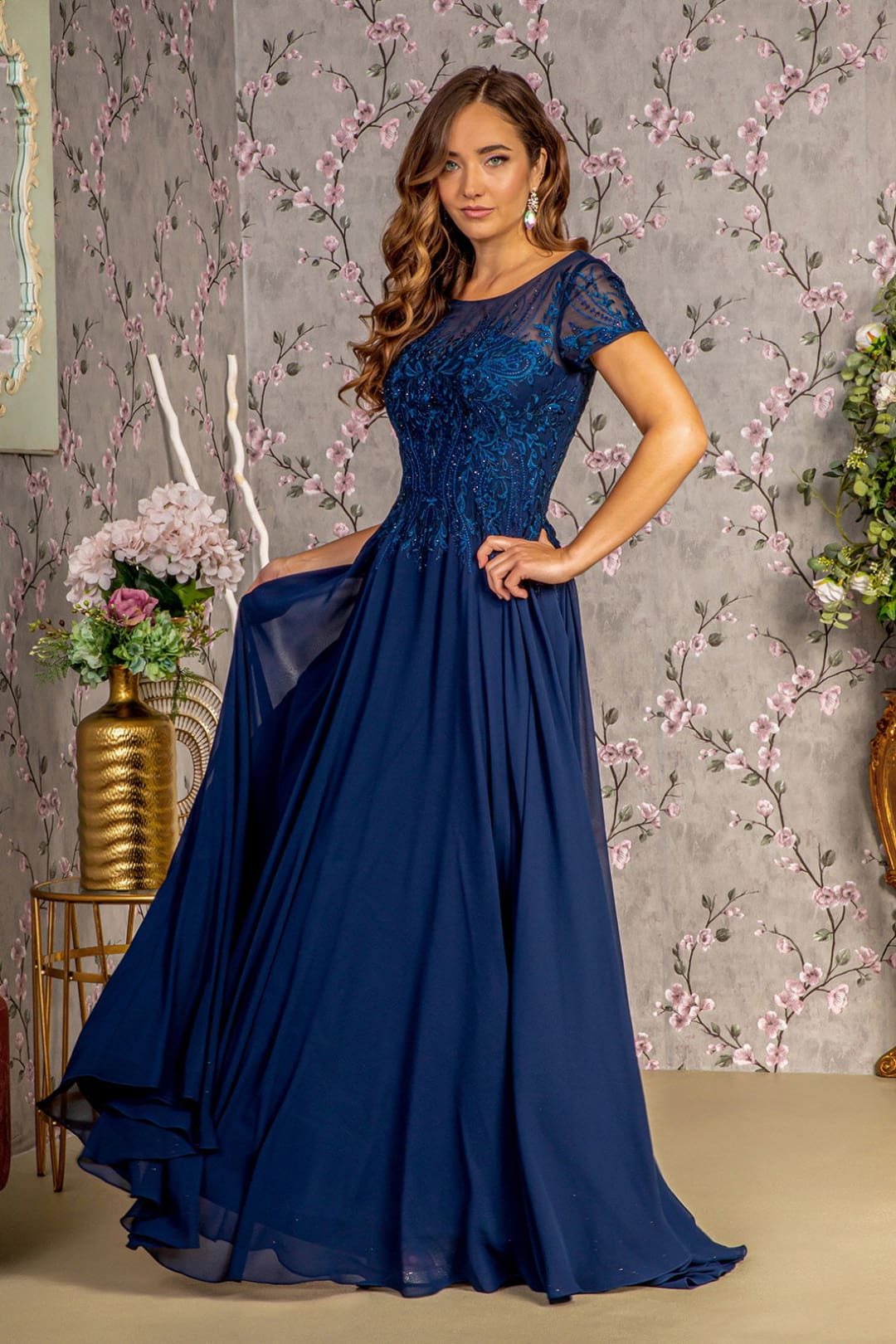 Embroidered Short Sleeve A-line Gown by GLS Gloria GL3362 - S / Navy - Long Formal Dresses
