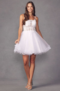 Embroidered Short Sleeveless Glitter Tulle Dress by Juliet 883 - White / XS - Dress