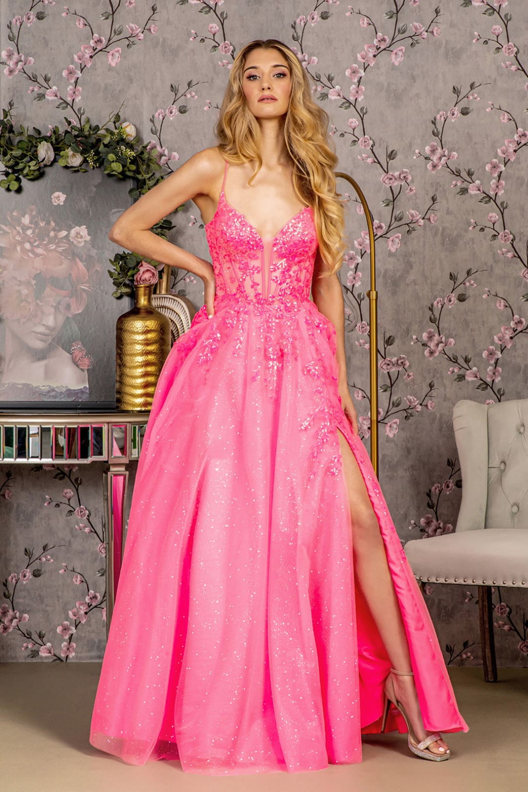 Embroidered Sleeveless Glitter Slit Gown by GLS Gloria GL3218 - XS / Hot Pink - Long Formal Dresses