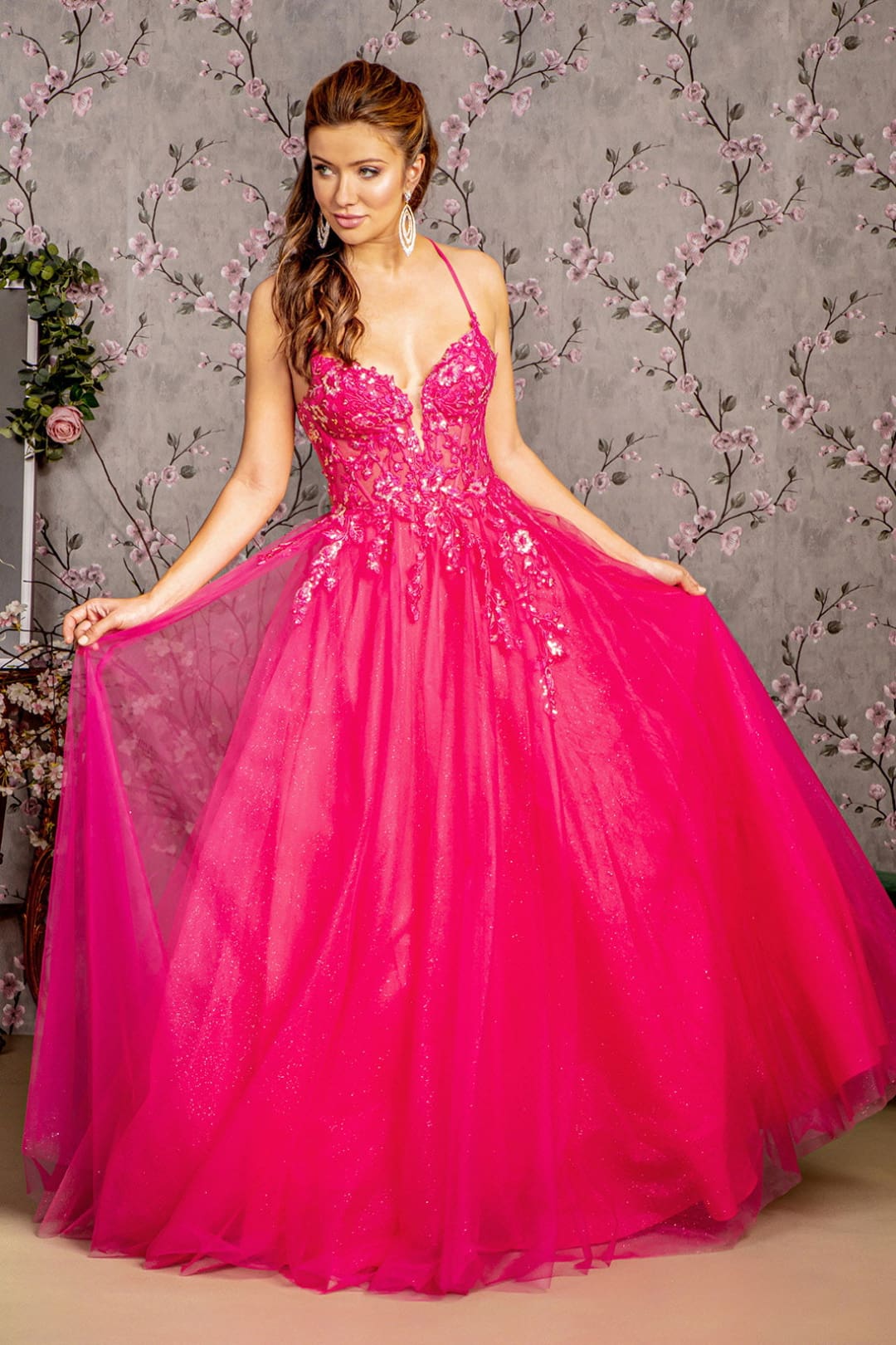 Embroidered Strappy Back A-line Gown by GLS Gloria GL3229 - XS / Hot Pink - Long Formal Dresses