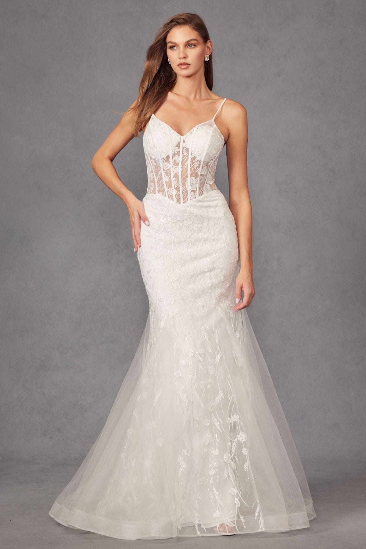 Juliet 2441SW Embroidered Illusion V-Neck Tulle Mermaid Dress